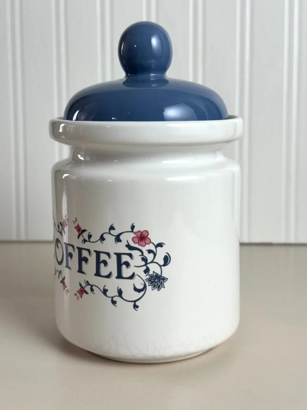 Vtg 90s Jay Ceramic Coffee & Tea Canisters Jars Blue & White Floral Cottagecore